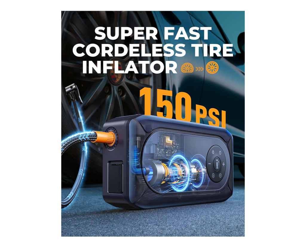 9-in-1 4500A 150PSI Car Battery Booster Jump Starter with Air Compressor, YaberAuto Jump Starter (All Gas/9L Diesel), 12V Car Battery Booster with Extended Jumper Cables,Insulated Gloves,Light