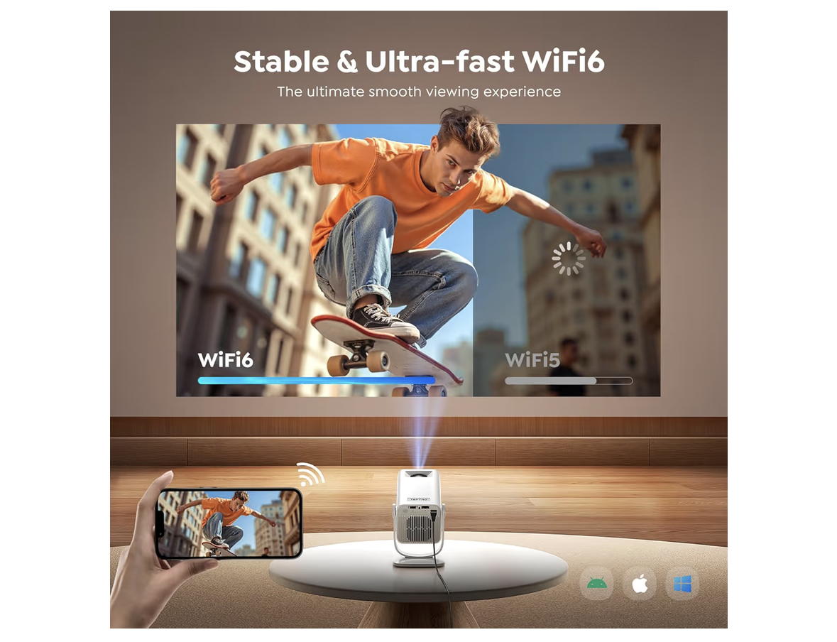 【Built-in Apps | Short Throw】Mini-Projector with WiFi6 and Two-Way Bluetooth5.4, 4K 1080P Support Portable-Projector, Auto Keystone 270° Rotation Outdoor Movie-Projecteur for Phone/HDMI/TV Stick,White