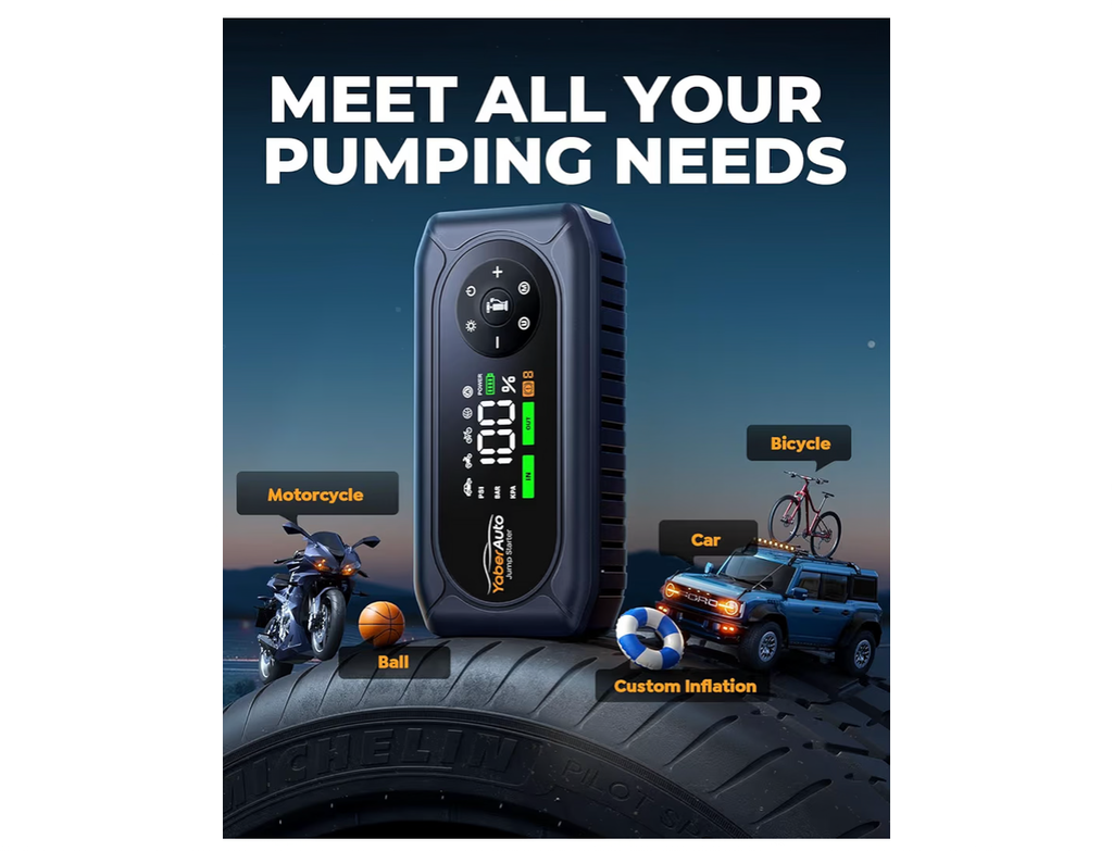 9-in-1 4500A 150PSI Car Battery Booster Jump Starter with Air Compressor, YaberAuto Jump Starter (All Gas/9L Diesel), 12V Car Battery Booster with Extended Jumper Cables,Insulated Gloves,Light