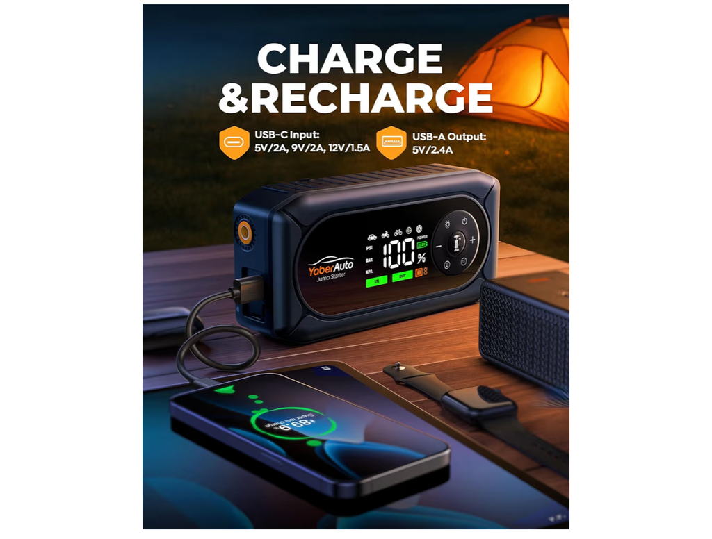 9-in-1 4500A 150PSI Car Battery Booster Jump Starter with Air Compressor, YaberAuto Jump Starter (All Gas/9L Diesel), 12V Car Battery Booster with Extended Jumper Cables,Insulated Gloves,Light