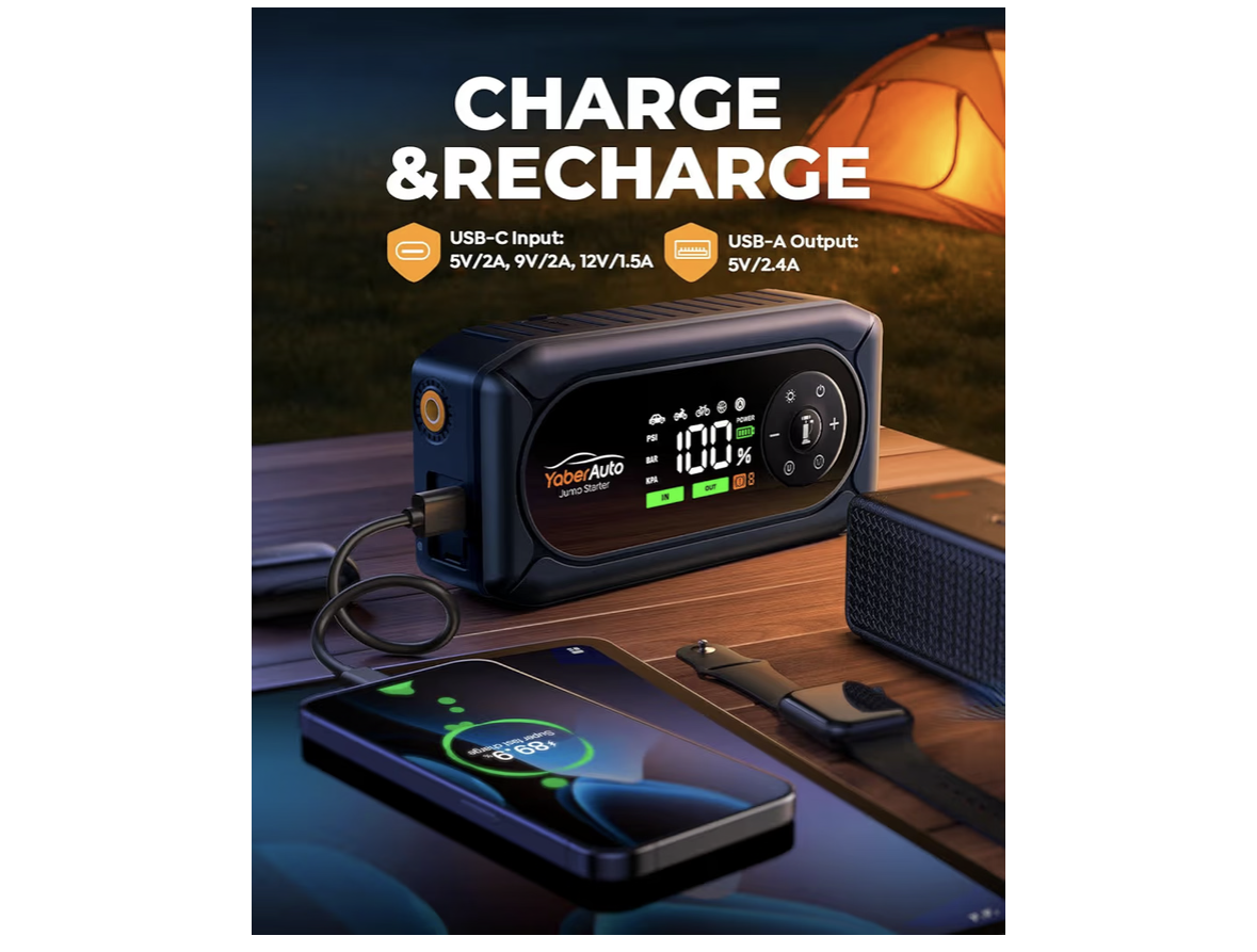 9-in-1 4500A 150PSI Car Battery Booster Jump Starter with Air Compressor, YaberAuto Jump Starter (All Gas/9L Diesel), 12V Car Battery Booster with Extended Jumper Cables,Insulated Gloves,Light