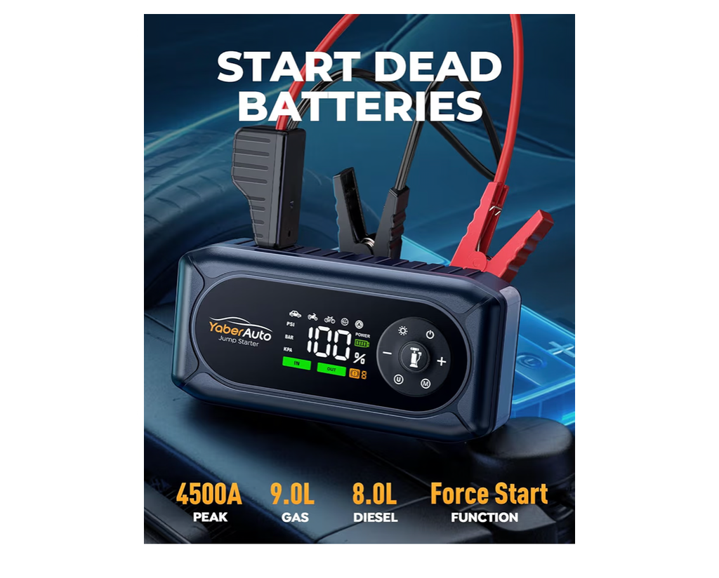 9-in-1 4500A 150PSI Car Battery Booster Jump Starter with Air Compressor, YaberAuto Jump Starter (All Gas/9L Diesel), 12V Car Battery Booster with Extended Jumper Cables,Insulated Gloves,Light