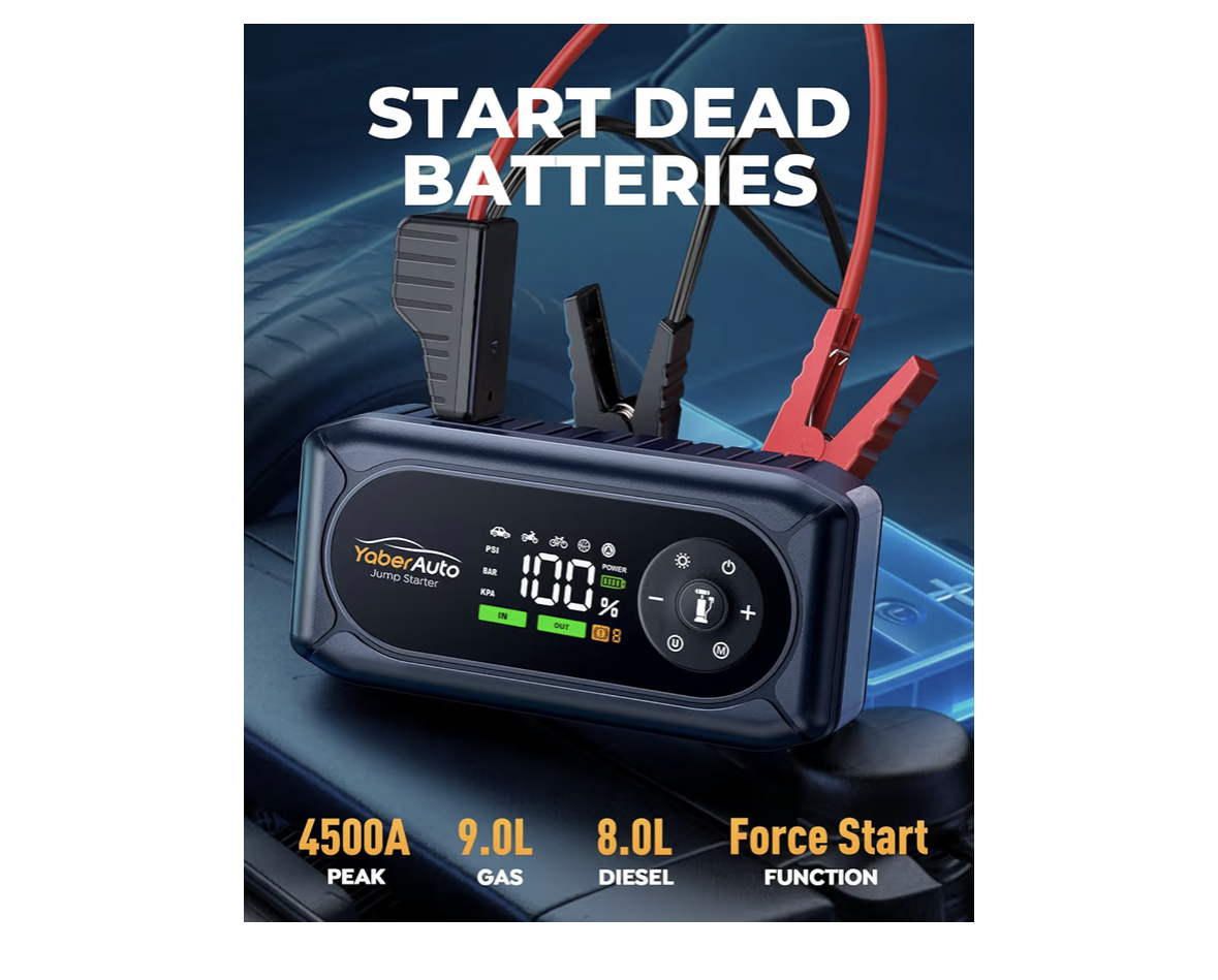 9-in-1 4500A 150PSI Car Battery Booster Jump Starter with Air Compressor, YaberAuto Jump Starter (All Gas/9L Diesel), 12V Car Battery Booster with Extended Jumper Cables,Insulated Gloves,Light