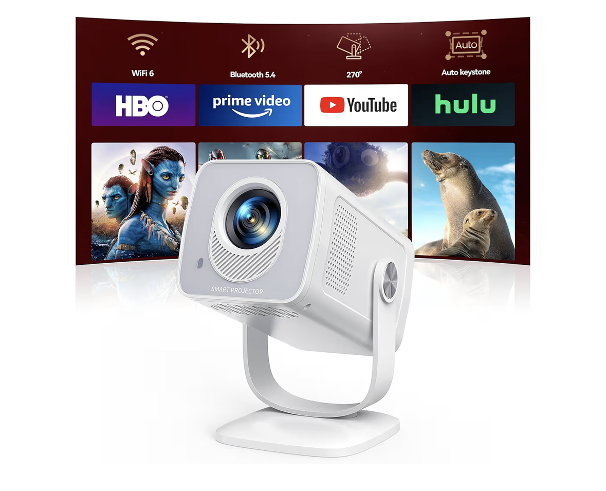 【Built-in Apps | Short Throw】Mini-Projector with WiFi6 and Two-Way Bluetooth5.4, 4K 1080P Support Portable-Projector, Auto Keystone 270° Rotation Outdoor Movie-Projecteur for Phone/HDMI/TV Stick,White