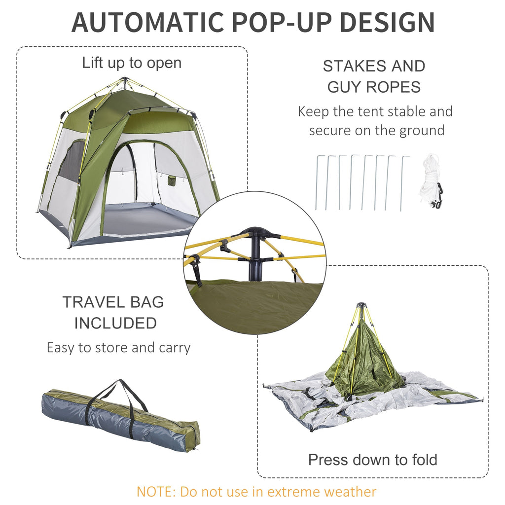 Outsunny Automatic Camping Tent Instant Outdoor Easy Pop Up Portable Backpacking Dome Shelter 4 Person Green