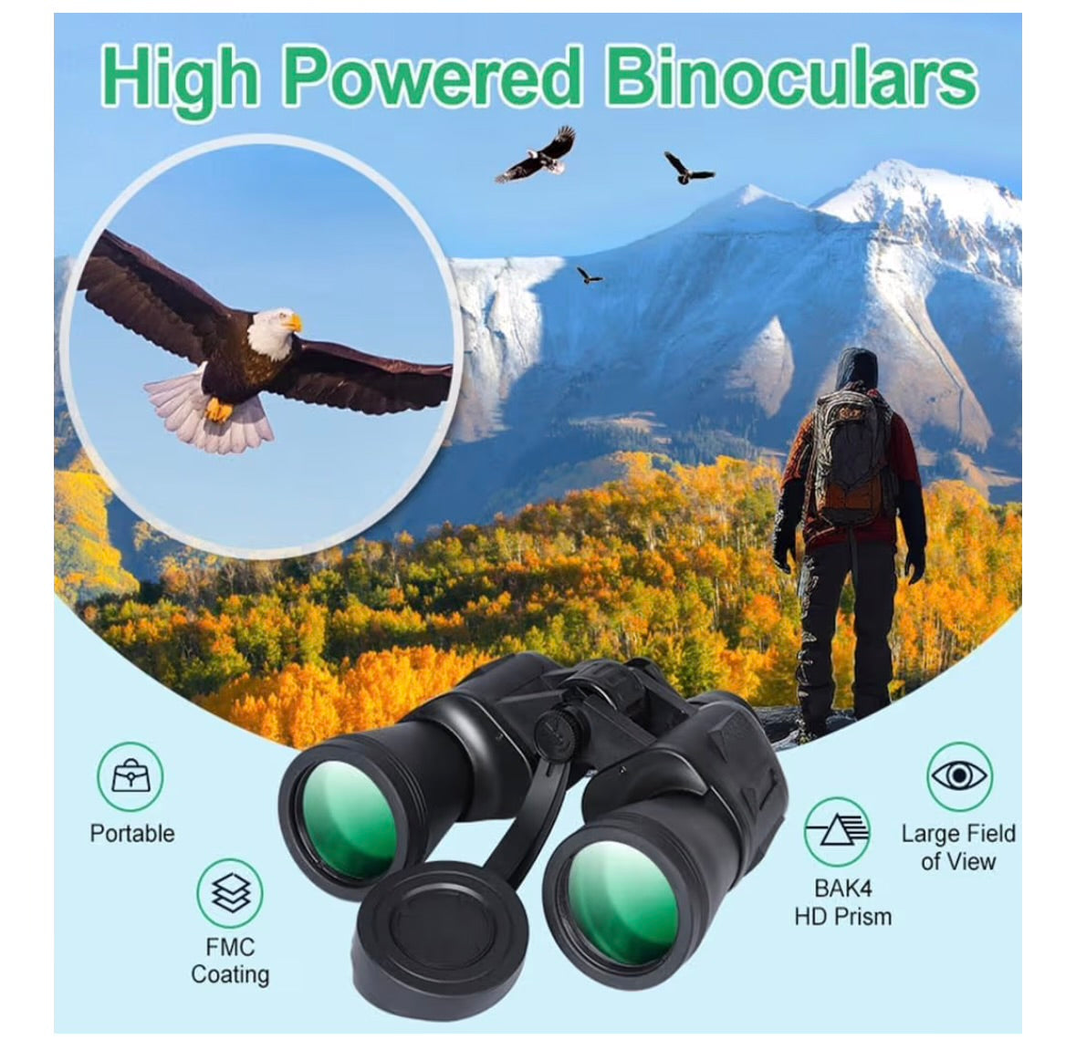 Binoculars for Adults High Powered, Military HD Professional/Daily Waterproof 20x50 Binoculars for Bird Watching Travel Hunting Football Games Stargazing with Carrying Case & Strap