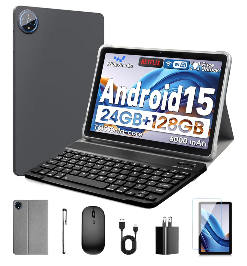 10 Inch Tablet, Android 15 Tablet with 24GB RAM + 128GB ROM (1TB Expandable), Octa-Core, 1280x800 IPS HD Touchscreen, 5MP+8MP Dual Camera, 6000mAh, Tablet with Keyboard, Mouse, Widevine L1(Gray)