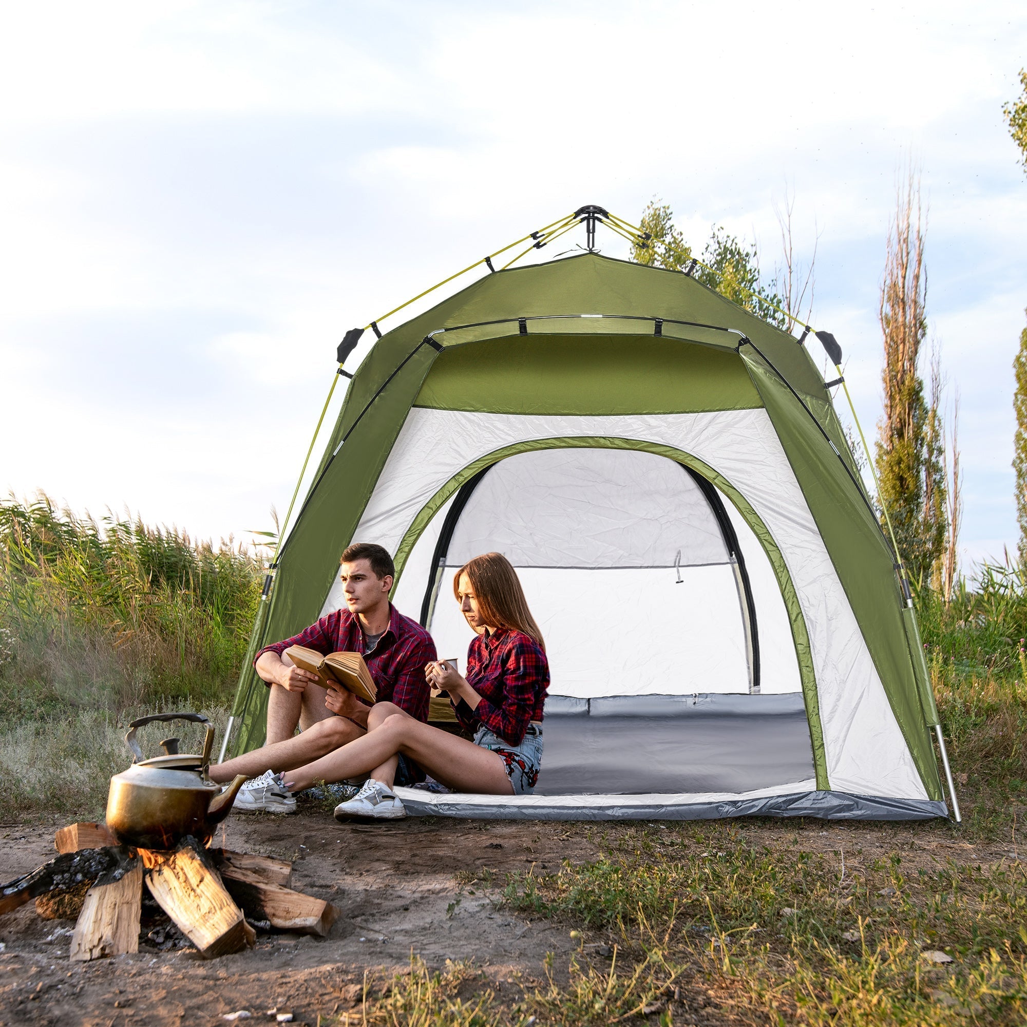 Outsunny Automatic Camping Tent Instant Outdoor Easy Pop Up Portable Backpacking Dome Shelter 4 Person Green