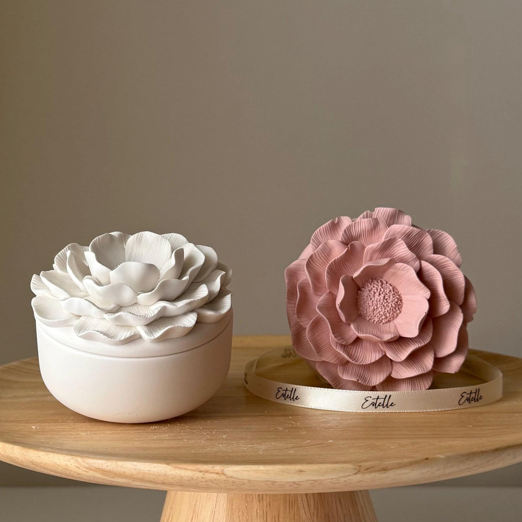 Camelia Flower Soy Wax Candle in Jesmonite Jar: Handmade Scented Candle