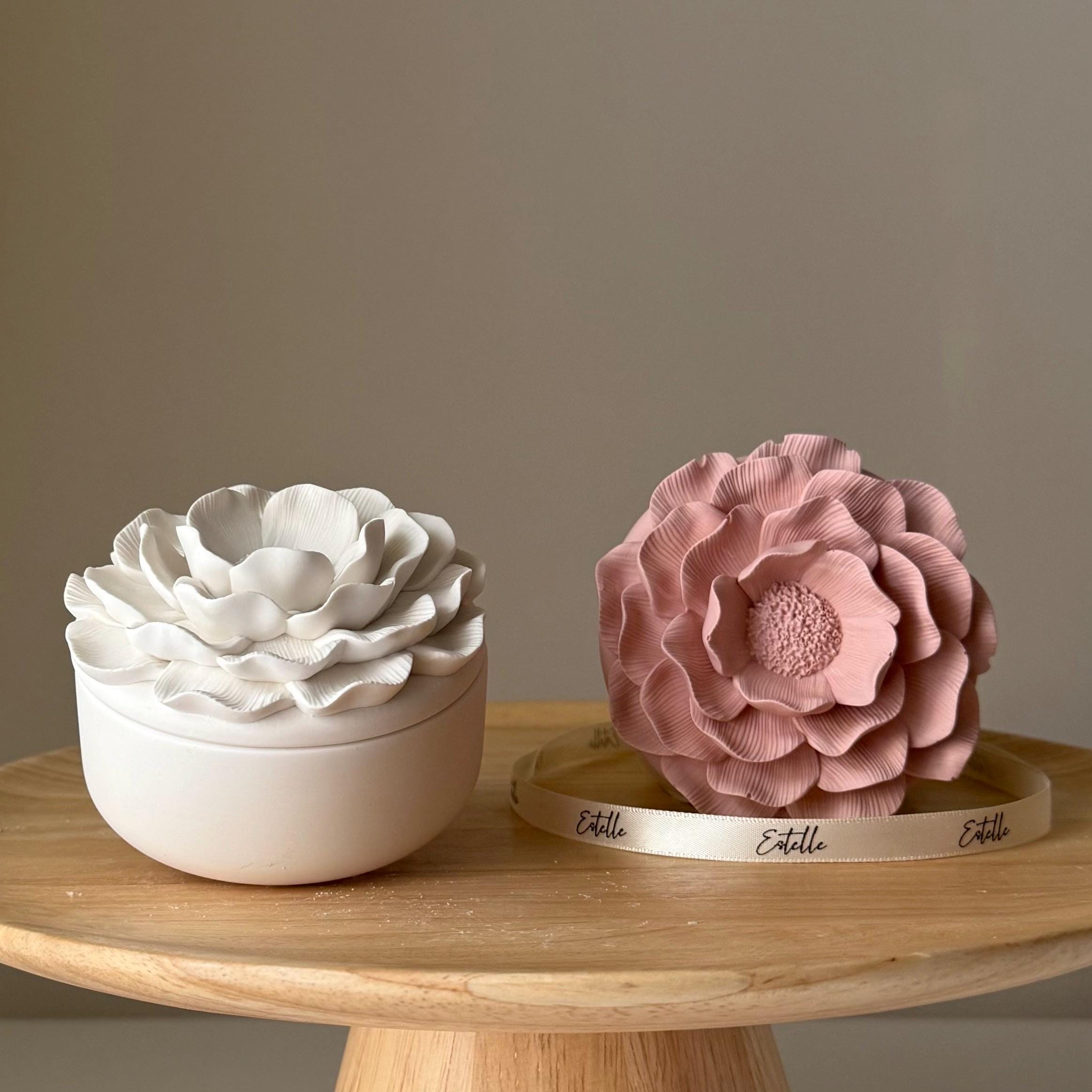 Camelia Flower Soy Wax Candle in Jesmonite Jar: Handmade Scented Candle