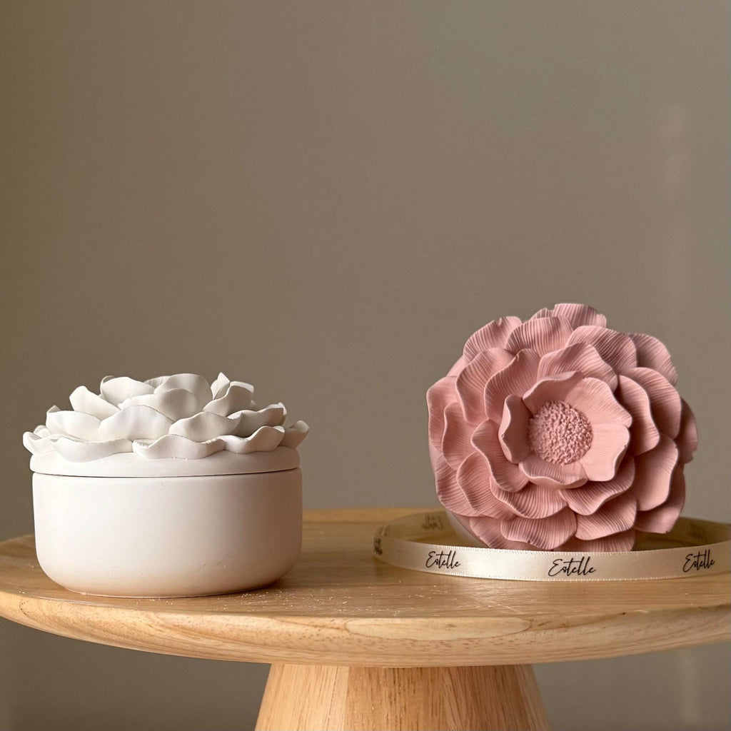Camelia Flower Soy Wax Candle in Jesmonite Jar: Handmade Scented Candle