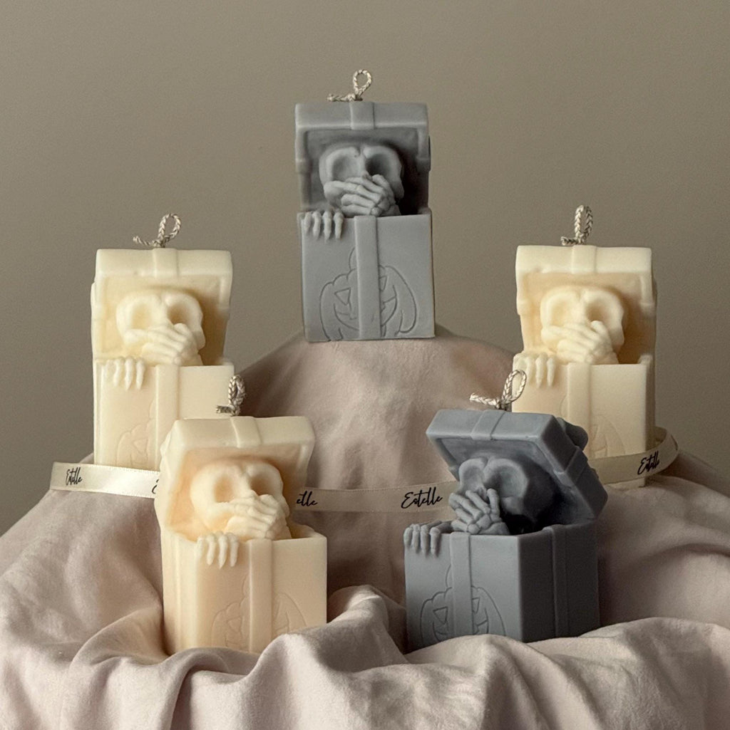 Skull in Gift Box Candle| Halloween Sculptural Soy Wax Decor