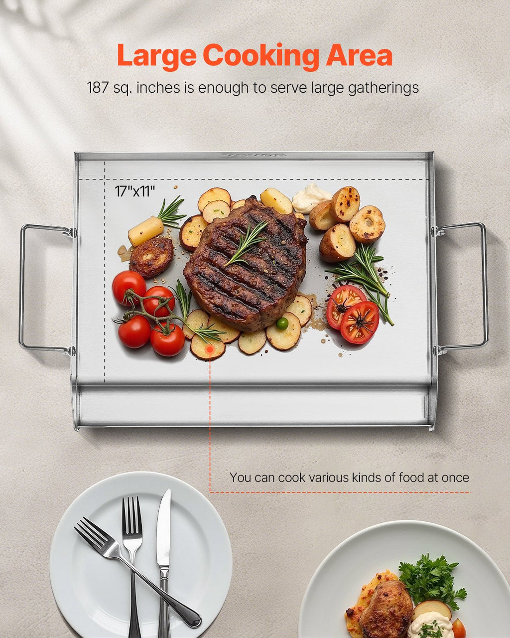 VEVOR 17x13 in Flat Top Griddle Stainless Steel Universal BBQ Grill Pan Cookware