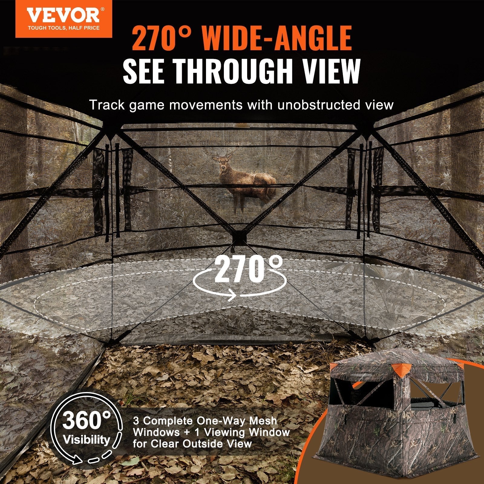 VEVOR Hunting Blind 270° See Through Ground Blind One-Way Mesh for 4-5 Person