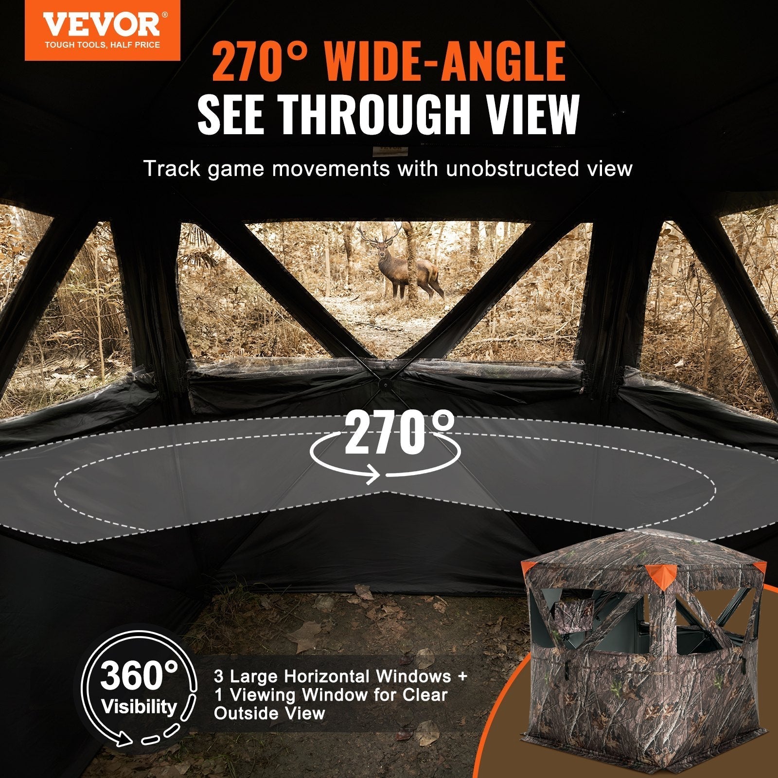 VEVOR Hunting Blind 270° See Through Ground Blind 3 Windows Mesh for 2-3 Person