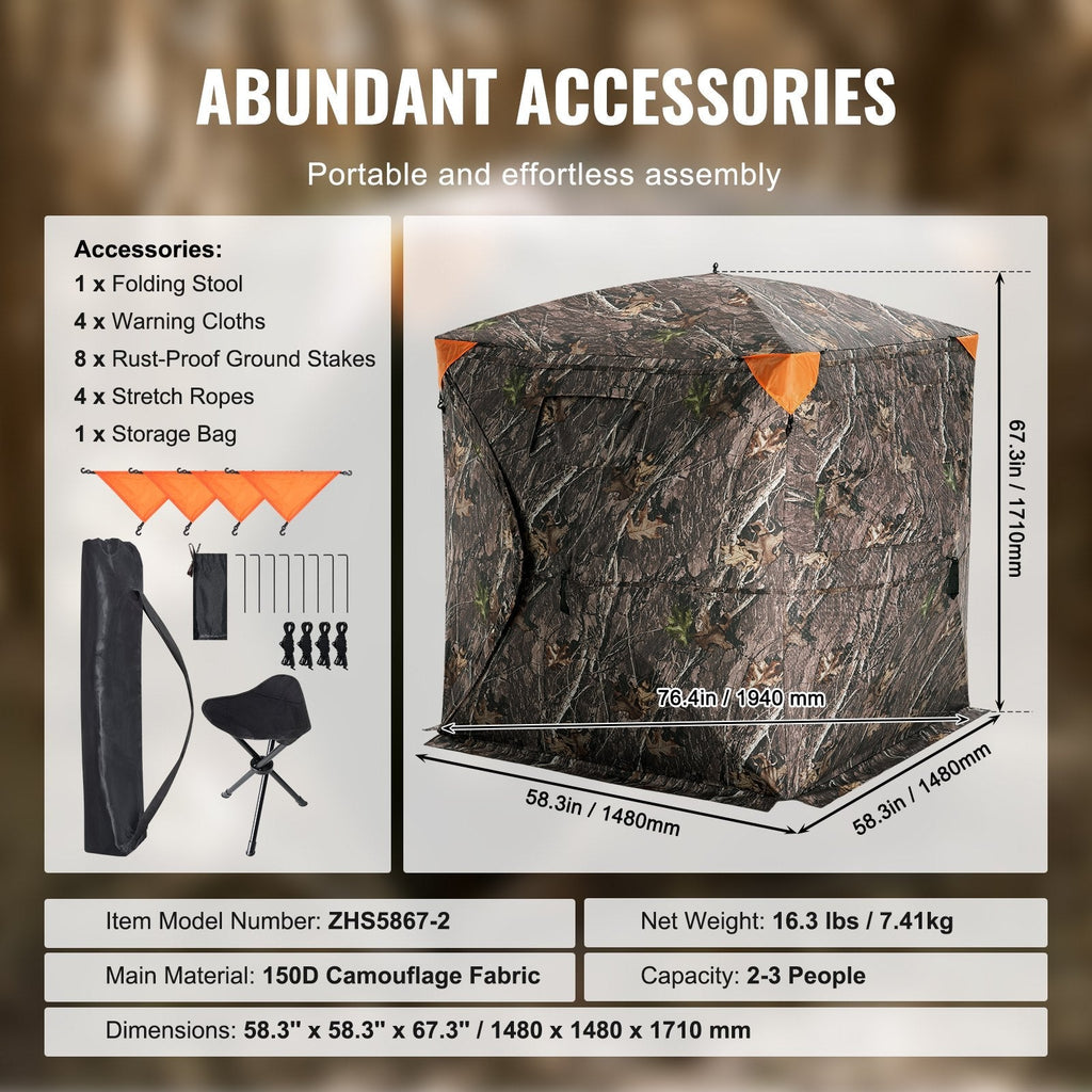 VEVOR Hunting Blind 270° See Through Ground Blind One-Way Mesh for 2-3 Person