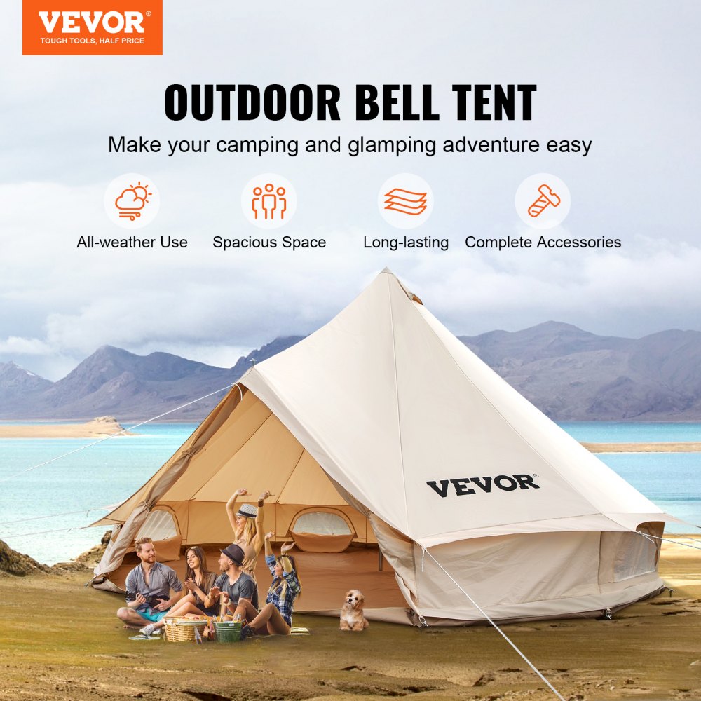 VEVOR Yurt Tent 19.7ft Cotton Canvas Tent with Wall Stove Jacket Glamping Tent Waterproof Bell Tent for Family Camping Outdoor Hunting Party in 4 Seasons