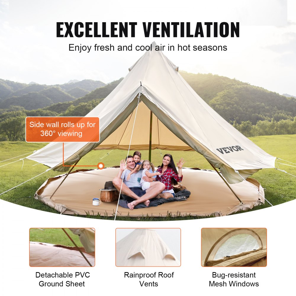VEVOR Yurt Tent 19.7ft Cotton Canvas Tent with Wall Stove Jacket Glamping Tent Waterproof Bell Tent for Family Camping Outdoor Hunting Party in 4 Seasons