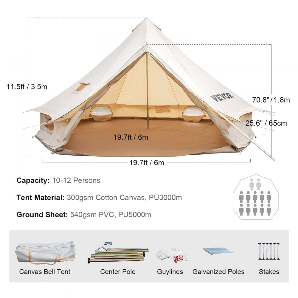 VEVOR Yurt Tent 19.7ft Cotton Canvas Tent with Wall Stove Jacket Glamping Tent Waterproof Bell Tent for Family Camping Outdoor Hunting Party in 4 Seasons