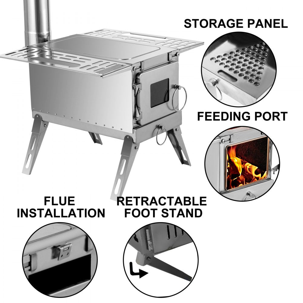 VEVOR Tent Wood Stove 18.3x15x14.17 inch, Camping Wood Stove 304 Stainless Steel With Folding Pipe, Portable Wood Stove 90.6 inch Total Height For Camping, Tent Heating, Hunting, Outdoor Cooking