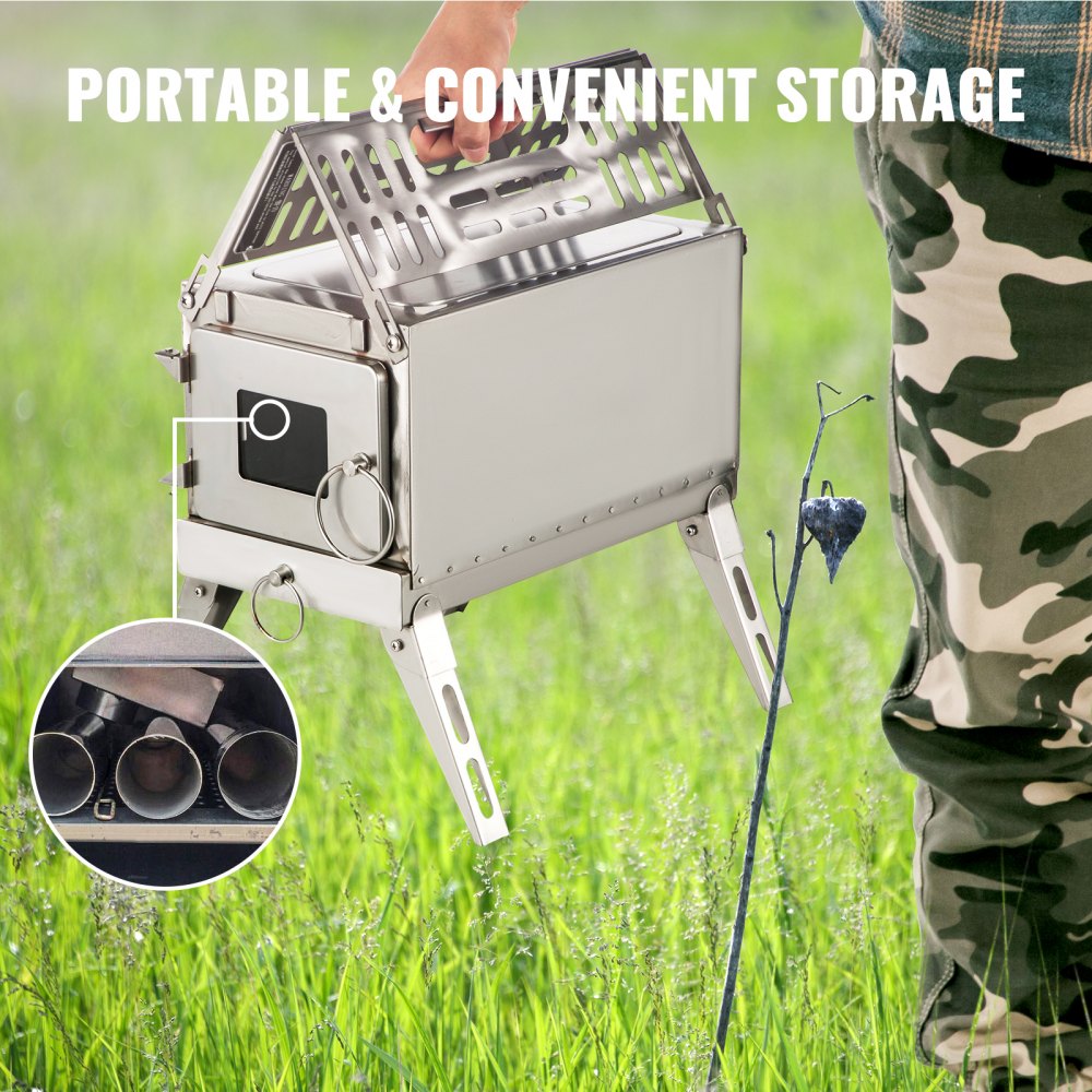 VEVOR Tent Wood Stove 18.3x15x14.17 inch, Camping Wood Stove 304 Stainless Steel With Folding Pipe, Portable Wood Stove 90.6 inch Total Height For Camping, Tent Heating, Hunting, Outdoor Cooking